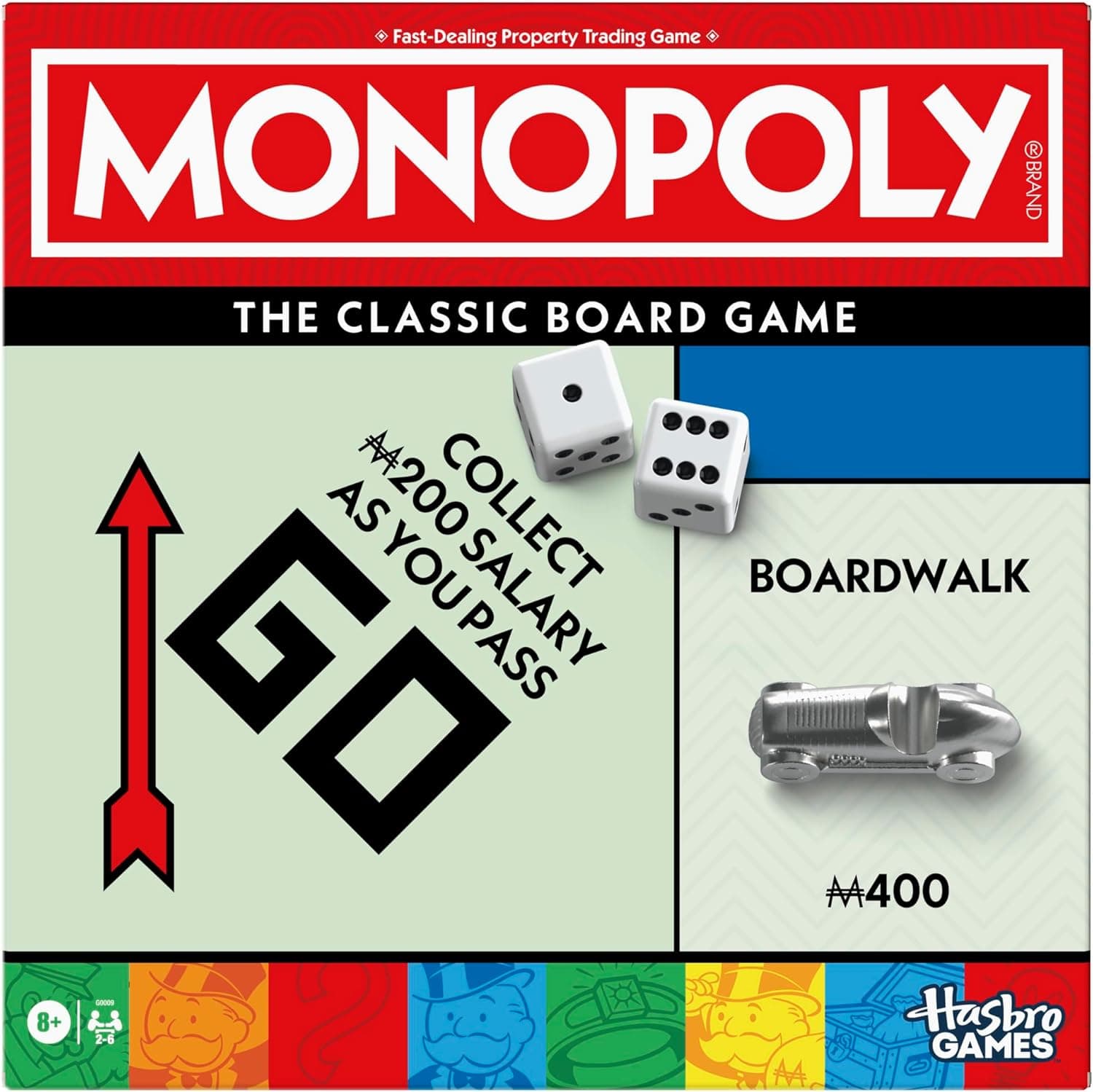Monopoly Board Game | Classic Game with Storage Tray and Larger Tokens | Ages 8+ | 2 to 6 Players | Family Games for Kids and Adults | Kids Gifts