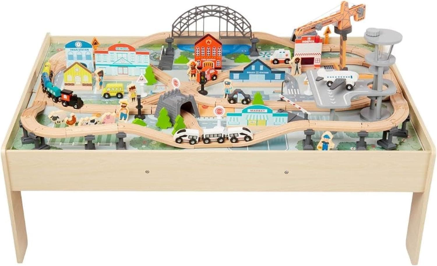 Amazon Basics 120-Piece Wooden Train Set with Activity Table