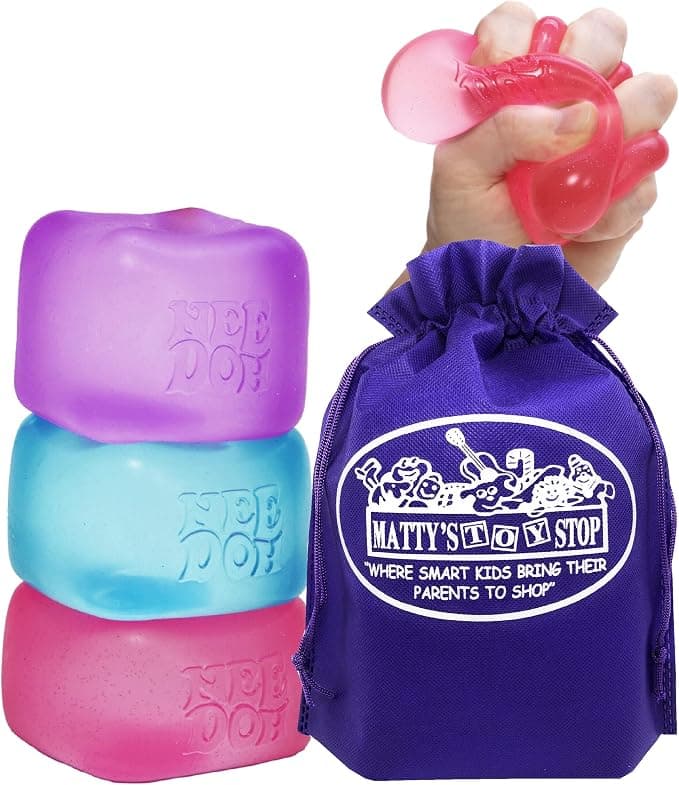 Nice Cube Translucent NeeDoh...Groovy Glob! Squishy, Squeezy, Popping, Stretchy Stress Fidget Cubes Complete Gift Set Party Bundle with Storage Bag - 3 Pack (Purple, Pink & Blue)
